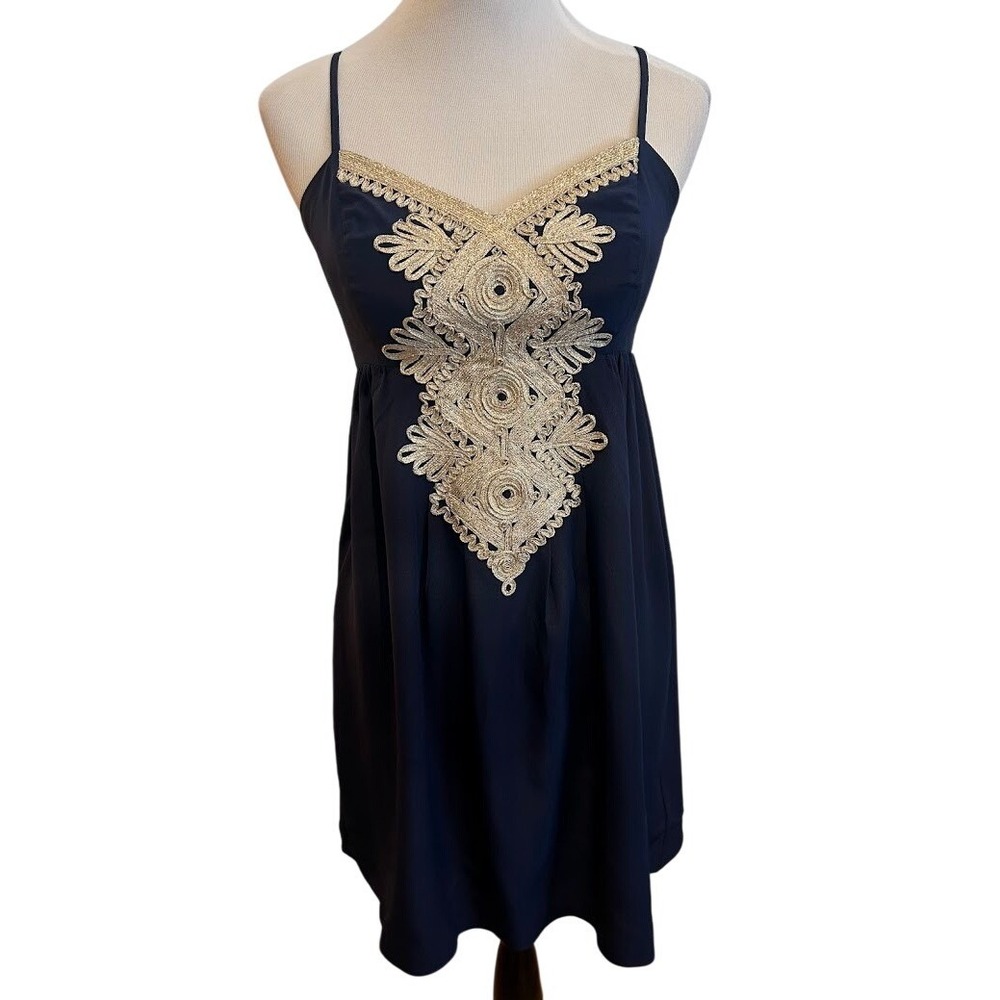 Lilly Pulitzer‎ Navy Blue Gold Kelsea Empire Waist Dress Womens Size 4 Cocktail